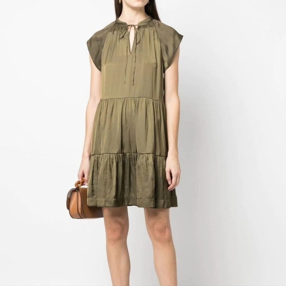 Zadug & Voltaire Rito Tiered Satin Olive Green Flutter Sleeve Dress - Picture 1 of 15